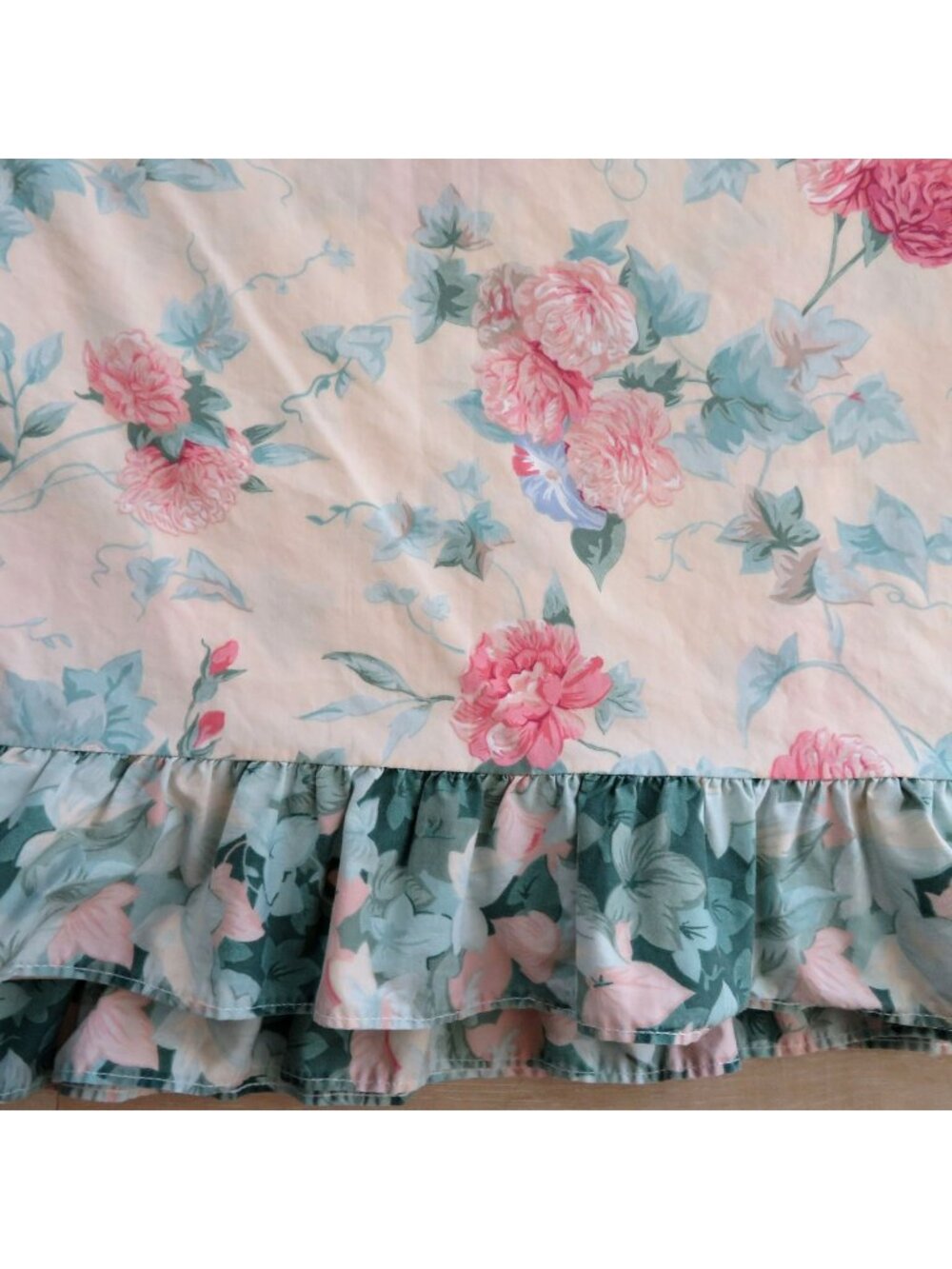 Vintage Springs Floral King Flat Sheet Ruffled Hem Pastel Roses Ivy Cottagecore